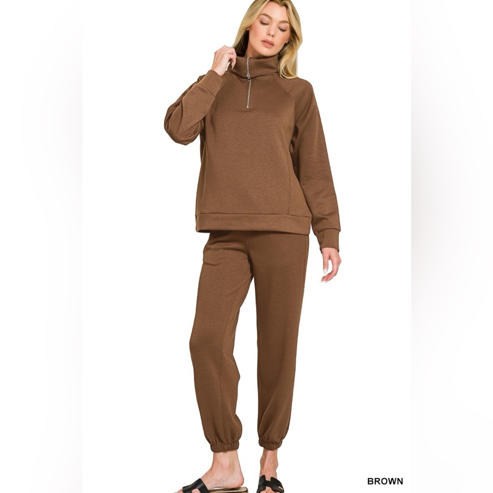 Zenana Scuba Half Zip Sweatshirt & Jogger Set 🤎 Brown | 2-Piece Athleisure Set